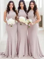 Sheath/Column Alluring Sheer Neck Sleeveless Sweep Train Stretch Crepe Bridesmaid Dress
