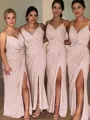 Sultry Sheath/Column Spaghetti Straps Sleeveless Sweep Train Silk like Satin Bridesmaid Dress With Ruched