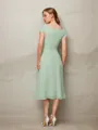 Sheath/Column Mesmerizing Bateau Short Sleeves Tea-Length Chiffon Bridesmaid Dress With Ruffles