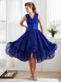 A-line V-Neck Short Sleeves Tea-Length Chiffon Refined Bridesmaid Dress With Pleats