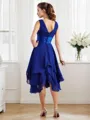 A-line V-Neck Short Sleeves Tea-Length Chiffon Refined Bridesmaid Dress With Pleats