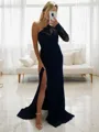 Sheath/Column Streamlined One-Shoulder Long Sleeves Sweep Train Stretch Crepe Bridesmaid Dress