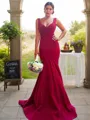 Trumpet/Mermaid V-Neck Sophisticated Sleeveless Sweep Train Stretch Crepe Bridesmaid Dress With Ruffles