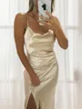 Sheath/Column Spaghetti Straps Minimalist Sleeveless Sweep Train Silk like Satin Bridesmaid Dress