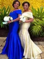 Trumpet/Mermaid Off-the-Shoulder Sleeveless Sweep Train Seductive Satin Bridesmaid Dress With Ruffles