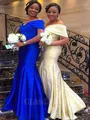 Trumpet/Mermaid Off-the-Shoulder Sleeveless Sweep Train Seductive Satin Bridesmaid Dress With Ruffles