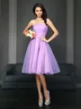 A-line Strapless Sleeveless Knee-Length Graceful Satin Bridesmaid Dress With Pleats