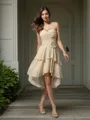 A-line Sweetheart Sleeveless Asymmetrical Subtle Chiffon Bridesmaid Dress With Hand-Made Flower