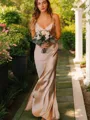 Sheath/Column V-Neck Sleeveless Floor-Length Snug Silk like Satin Bridesmaid Dress