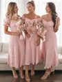 A-line Delicate Sweetheart Short Sleeves Tea-Length Chiffon Bridesmaid Dress With Ruched