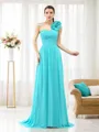 A-line One-Shoulder Perfect Sleeveless Sweep Train Chiffon Bridesmaid Dress With Pleats