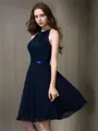 A-line Halter Sleeveless Knee-Length Open Back Classy Chiffon Bridesmaid Dress With Lace