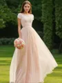 A-line Princess Scoop Short Sleeves Simple Floor-Length Tulle Bridesmaid Dress