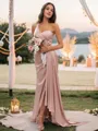 Sheath/Column One-Shoulder Glistening Sleeveless Floor-Length Silk like Satin Bridesmaid Dresses