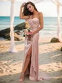 Sheath/Column One-Shoulder Glistening Sleeveless Floor-Length Silk like Satin Bridesmaid Dresses