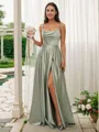 A-line Spaghetti Straps Sleeveless Sweep Train Chic Silk like Satin Bridesmaid Dresses