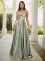 A-line Spaghetti Straps Sleeveless Sweep Train Chic Silk like Satin Bridesmaid Dresses