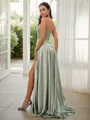 A-line Spaghetti Straps Sleeveless Sweep Train Chic Silk like Satin Bridesmaid Dresses