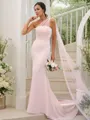 Sheath/Column Flattering One-Shoulder Sleeveless Sweep Train Stretch Crepe Bridesmaid Dresses