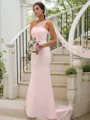 Sheath/Column Flattering One-Shoulder Sleeveless Sweep Train Stretch Crepe Bridesmaid Dresses