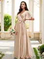 A-line V-Neck Simple Short Sleeves Floor-Length Silk like Satin Bridesmaid Dresses