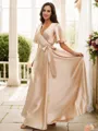 A-line V-Neck Simple Short Sleeves Floor-Length Silk like Satin Bridesmaid Dresses