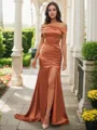 Sheath/Column Off-the-Shoulder Sleeveless Sweep Train Silk like Satin Polished Bridesmaid Dresses