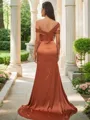 Sheath/Column Off-the-Shoulder Sleeveless Sweep Train Silk like Satin Polished Bridesmaid Dresses