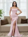 Sheath/Column Off-the-Shoulder Sleeveless Sweep Train Stretch Crepe Slinky Bridesmaid Dresses