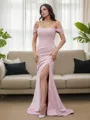 Sheath/Column Off-the-Shoulder Sleeveless Sweep Train Stretch Crepe Slinky Bridesmaid Dresses
