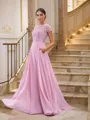 A-line Scoop Short Sleeves Floor-Length Fashion Chiffon Bridesmaid Dresses