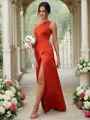 A-line One-Shoulder Sleeveless Floor-Length Graceful Satin Bridesmaid Dresses
