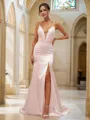 Sheath/Column V-Neck Sleeveless Sweep Train Tight Silk like Satin Bridesmaid Dresses