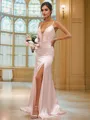 Sheath/Column V-Neck Sleeveless Sweep Train Tight Silk like Satin Bridesmaid Dresses
