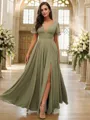 A-line V-Neck Chic Short Sleeves Floor-Length Chiffon Bridesmaid Dresses