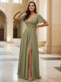 A-line V-Neck Chic Short Sleeves Floor-Length Chiffon Bridesmaid Dresses