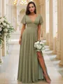 A-line V-Neck Chic Short Sleeves Floor-Length Chiffon Bridesmaid Dresses