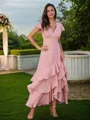 A-line V-Neck Delicate Short Sleeves Ankle-Length Chiffon Bridesmaid Dresses