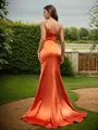 Sheath/Column One-Shoulder Refined Sleeveless Sweep Train Silk like Satin Bridesmaid Dresses