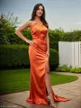 Sheath/Column One-Shoulder Refined Sleeveless Sweep Train Silk like Satin Bridesmaid Dresses