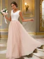 A-line V-Neck Sleeveless Floor-Length Tulle Glimmering Bridesmaid Dresses