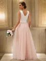 A-line V-Neck Sleeveless Floor-Length Tulle Glimmering Bridesmaid Dresses