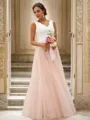 A-line V-Neck Sleeveless Floor-Length Tulle Glimmering Bridesmaid Dresses