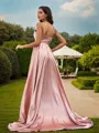A-line V-Neck Timeless Sleeveless Sweep Train Silk like Satin Bridesmaid Dresses