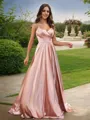 A-line V-Neck Timeless Sleeveless Sweep Train Silk like Satin Bridesmaid Dresses