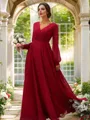 A-line V-Neck Long Sleeves Floor-Length Lustrous Chiffon Bridesmaid Dresses