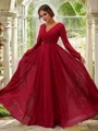A-line V-Neck Long Sleeves Floor-Length Lustrous Chiffon Bridesmaid Dresses
