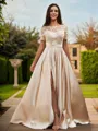 A-line Scoop Classy Short Sleeves Floor-Length Satin Bridesmaid Dresses