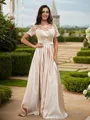 A-line Scoop Classy Short Sleeves Floor-Length Satin Bridesmaid Dresses