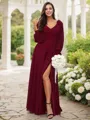 A-line V-Neck Pretty Long Sleeves Floor-Length Chiffon Bridesmaid Dresses